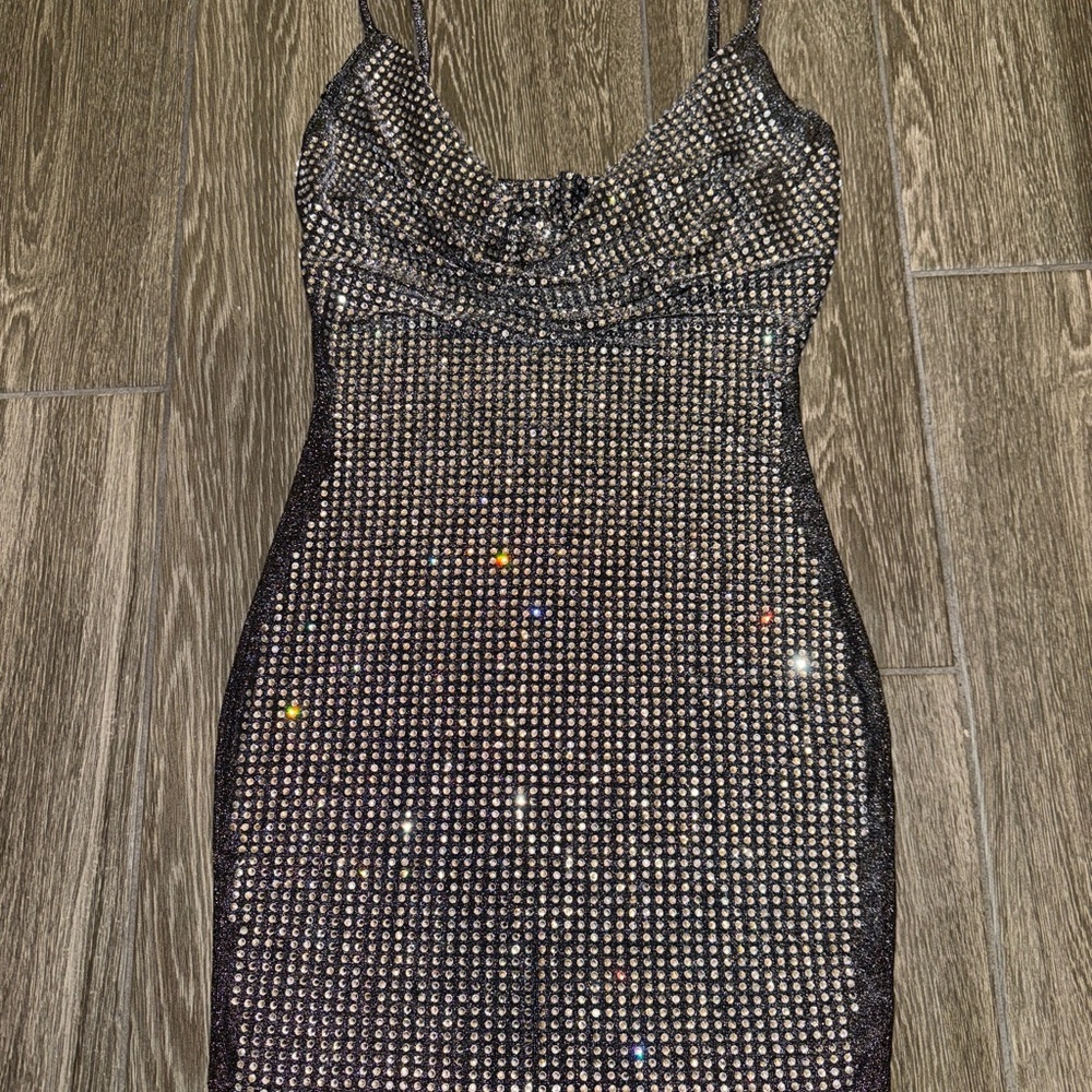 Elegant Dark Grey Rhinestone Mini Dress